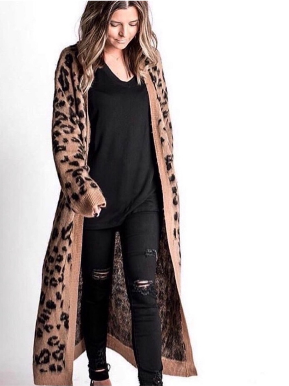 Leopard Print Open-Front Long Women's Cardigan Sweater - Camel/Black